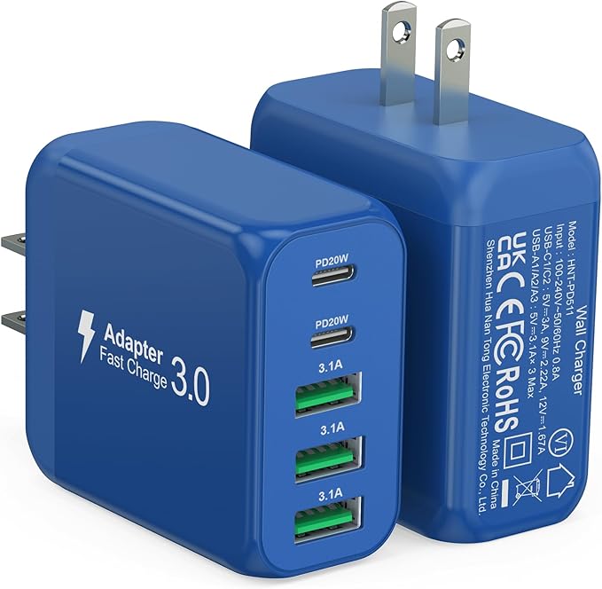 (2-Pack) 60W USB C Wall Charger Block, 5-Port C Charger Fast Charging Block PD Power Adapter +QC 3.0 Multiport Type C Box Brick Cube USB A Wall Plug for iPhone 15/16/17 Pro Max,Samsung (Dark Blue)