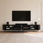 POVISON Sliding Tambour Door TV Stand, Mid Century Modern TV Console, Wood Media Console, Entertainment Center with Storage Cabinet, Fully-Assembled (Black, 118.11")