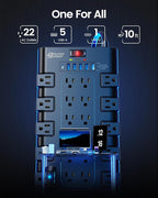 Extension Cord 10 Ft, SUPERDANNY Power Strip Surge Protector with 6 USB Charging Ports and 22 AC Outlets, 1875W/15A, 2100 Joules, Flat Plug Power Outlet for Home, Office, Dorm, Gaming Room, Black