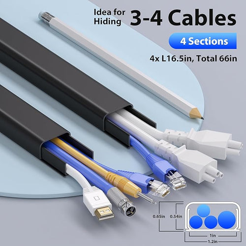 66in (4X L16.5in) Large Wire Hiders for TV on Wall for 3-4 Cords - ZhiYo PVC Cable Cover Kit with Pre-Applied Adhesive Tape, Ideal for Wall Mounted TVs Home Office, W1.2in x H0.7in Black