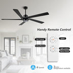 WINGBO 54" DC Ceiling Fan with Lights, 5 Carved Solid Wood Blades, 6-Speed Reversible DC Motor, Matte Black Finish Ceiling Fan with Remote, Black