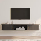 POVISON Mid-Century Modern Floating TV Stand with Sliding Tambour Doors, Fully-Assembled Wall Mounted Media Console for Living Room, Entertainment Center with Open Storage for 75 Inch TV