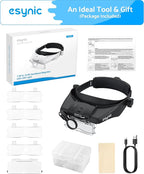 eSynic Type-C Rechargeable Magnifying Glasses Headset-Up to 13X Magnification-5 Interchangeable Lens-2 LED Lights -2 Adjustable Brightness Levels-Comfort & Fit Headband Magnifier for Reading/Jewelry