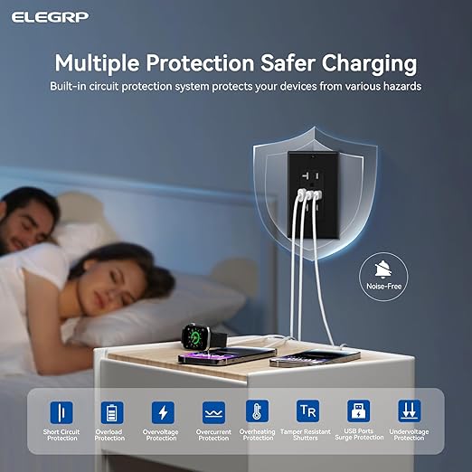 ELEGRP USB Outlets, 20 Amp Wall Outlet with 3 USB Ports, Dual USB C Ports Outlets, TR Tamper-Resistant USB Outlets Receptacles, Wall Plate Included, UL/CUL Listed, 1 Pack, Black