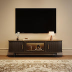 POVISON Sliding Tambour Door TV Stand with LED Lights, Mid Century Modern TV Console, Wood Media Console, Entertainment Center with Storage Cabinet, Fully-Assembled (Black, 70.87")