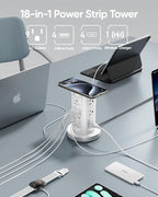 Kakyanill 115W USB Charging Station, Surge Protector Power Strip Tower, 9 AC Outlets with 8 USB Ports(4 USB-C), 6Ft Flat Plug Retractable Extension Cord, for Home Office Dorm, White