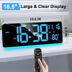 XREXS Digital Wall Clock Large Display, 16.5" LED Wall Clock with 6 Color Changes Night Lights, Auto DST, Count Up/Down Timer with Remote Control for Living Room Bedroom Office Wall Decor