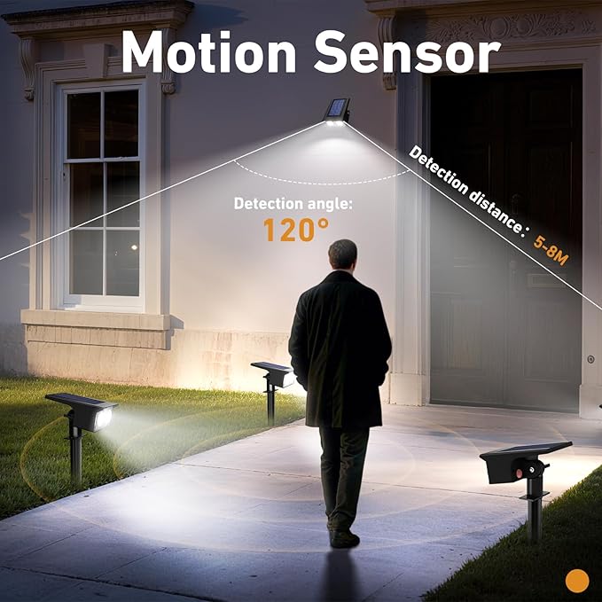 btfarm Solar Spot Lights Outdoor Waterproof, 3 Modes Motion Sensor Lights, Solar Powered Spotlights 2-in-1 Auto On/Off for Outside Pathway Yard Garden Landscape Lighting, Cool White