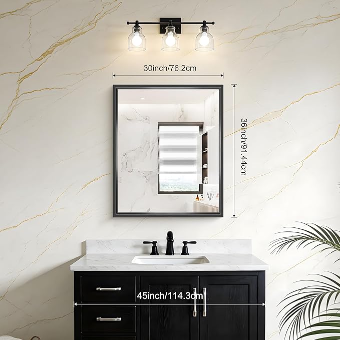 Black Bathroom Mirror, 36 x 30 Inch Brushed Black Rectangle Mirrors for Wall, 0.6" Thickened Deep Frame Mirrors for Over Sinks, Shatterproof Tempered Glass, Antirust, Horizontally or Vertically
