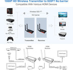 Wireless HDMI Transmitter and Receiver,1080P Full HD Wireless HDMI Extenders 820FT with Loop-Out and Support IR Remote Streaming from PC,Camera,Laptop,Netflix,Ps4/5 to HDTV/Projector/DSLR