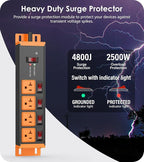 CCCEI Heavy Duty Surge Protector Power Strip 20 Amp Individual Switches. 10FT 12 Gauge Extension Cord with Multiple Outlets. Kitchen, Garage, Shop, Industrial Wall Mount Electric Extender, Orange.
