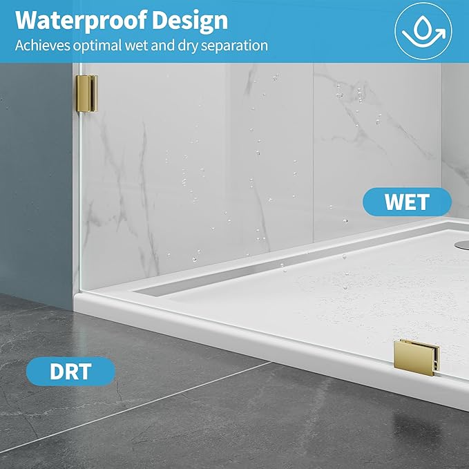 Shower Glass Panel, 35" W x 78.75" H Fixed Shower Screen Panel with 3/8"(10mm) SGCC Clear Tempered Glass, Frameless Walk in Shower Door for Bathroom (Bright Gold, 35" W x 78.75" H)