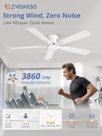ZMISHIBO 52 Inch Ceiling Fan No Light, Flush Mount Low Profile, Modern White Ceiling Fan Without Light, Remote Control & Quiet DC Motor, for Indoor&Outdoor, Bedroom, Living Room