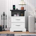 Nightstand with Charging Station Set of 2,18" Wide End Table with 2 Drawers & Metal Handles,Rustic Farmhouse Wood Small Dresser,Bedside Table,Modern Chest of Drawers for Bedroom,Living Room, Off White