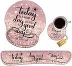 Keyboard Wrist Rest + Mouse Pad Wrist Support Set with Coasters, Today is a Good Day to Have a Good Day Inspirational Quote with Non-Slip PU Base Ergonomic Mousepad for Home Office Working Studying