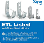 ICC 2-Inch Wall Mount J-Hook – 25-Pack, Cable Support Hooks with Retainer Clips, Galvanized Steel with Zinc Finish – for Structured Cabling and Cable Management