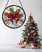 DASTOLL Stained Glass Window Hanging - Pine Branches Red Bow Suncatcher for Doors Home Christmas Decoration Silver Sun Catcher Thanksgiving New Year Birthday Gifts for Women Men Mom Nana 6.3 in