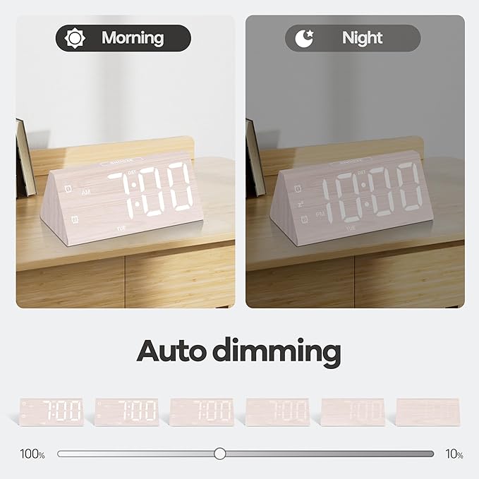 Digital Alarm Clock, with Wooden Electronic LED Time Display, 3 Alarm Settings, Humidity & Temperature Detect, Wood Made Electric Clocks for Bedroom, Bedside, Desk (White-Big Bold)
