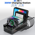 300W USB Charging Station for Multiple Devices, 24 Port USB C Fast Charging Station, Multi Device Charger Station Organizer Compatible with Tablet, Laptop, Cellphone, iPhone, iPad (300, Watts)