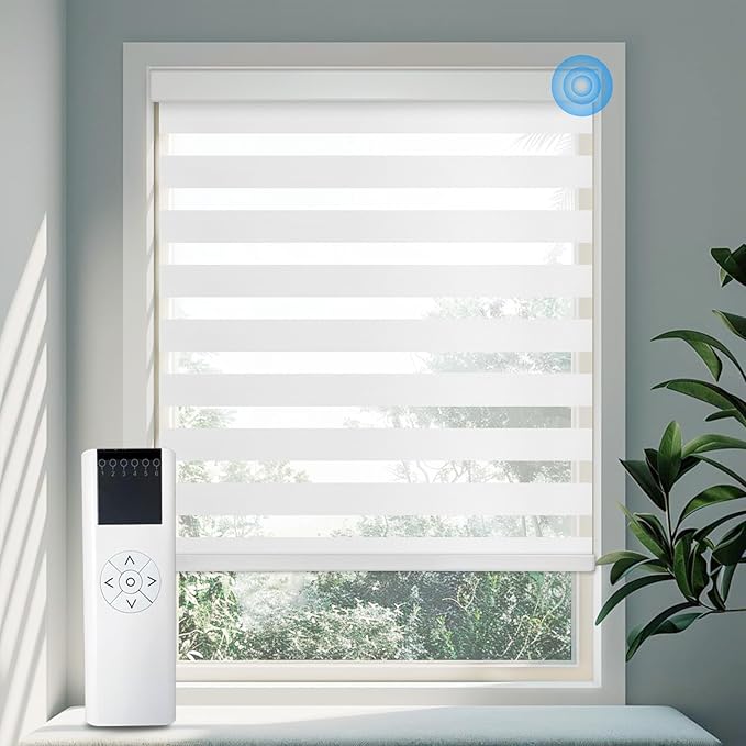 COOLWINDS Motorized Zebra Blinds for Windows Cordless Electric Curtains with Remote Control Blackout Shades Custom Smart Blinds Compatible with Alexa Google Home(Light Filtering White,W52 X 72in)