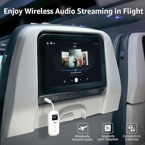 1Mii SafeFly Pro Bluetooth 5.3 Transmitter Receiver, Wireless Audio Adapter w/Screen for 2 Bluetooth Headphones, aptX LL/HD/AD, Use with Any 3.5MM Jack on Airplane, TV & iPad/Tablet
