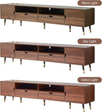 siu want Mid-Century Modern TV Stand for TVs up to 85 Inch, 78.7'' Walnut Wood Media Console with Drawers & Open Storage, Solid Wood Legs, Low Profile Entertainment Center for Living Room