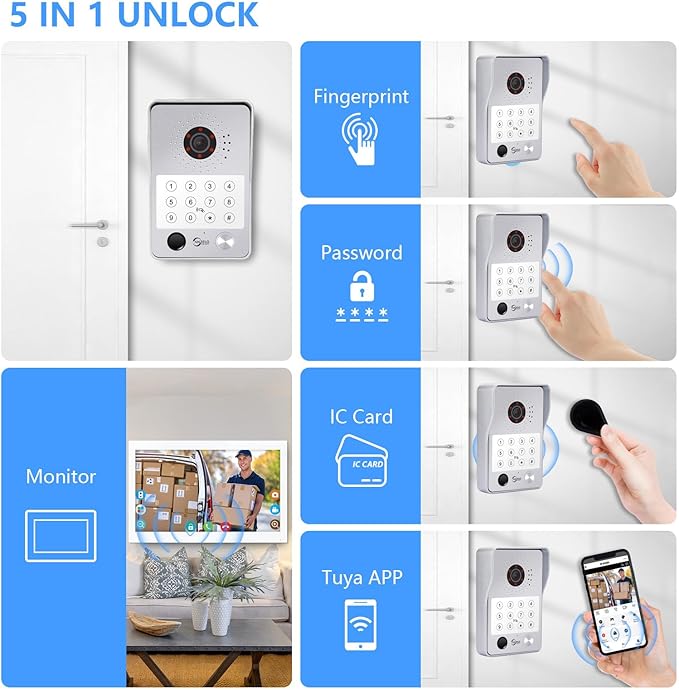 Wired Video Door Phone Apartment Intercom System,7 Inch Touch Monitor with 1080P HD Camera Doorbell,Supporting 5 in 1 Unlocking,Minitoring Motion Detecting for Home Villa,Tuya (1 doorbell + 4 monitor)