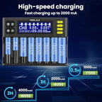 18650 Battery Charger, MIEKLALE 8+2 Bays Smart Universal Battery Charger with LCD Display for Rechargeable Batteries Li-ion LiFePO4 RCR123 16340 26650 10440 14500 & 9V, NiMH NiCd AAA AA(8+2Slots)