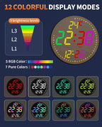 GLOKUUCA 12" Large Digital Wall Mount Clock, Count Down Timer, Alarm, Big LED, 12 RGB Color, Temperature for Living Room Classroom Desk (Bamboo Elements)