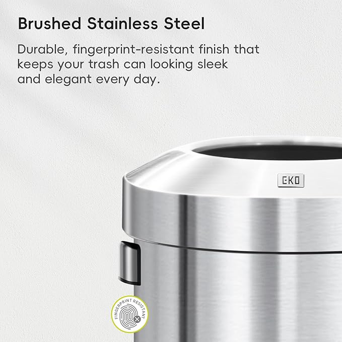 EKO 16-Gallon Round Stainless Steel Open Top Trash Can, Large Commercial Waste Bin with Detachable Lid and Carrying Handle, Brushed Metal Garbage Bin for Home, Office, Restaurant, Restroom