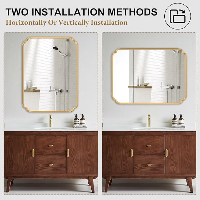 Gold Bathroom Vanity Mirror for Wall 24" x 36" Modern Rounded Rectangle Mirror with Metal Framed Mirrors for Over Sink Wall Decorative (Horizontal/Vertical)