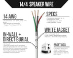 Voltive 14/4 Speaker Wire, in-Wall CL3 & Direct Burial, White, 250ft - 14AWG, 4 Conductors, Stranded Oxygen-Free Copper, UL Listed - V-1209-4