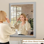 SMIROR Brushed Silver Bathroom Mirror for Over Sink, 24”x 28” Metal Thick Framed Rectangle Vanity Mirror for Wall, Right Angle Corner, Anti-Rust, Horizontally or Vertically Mounted