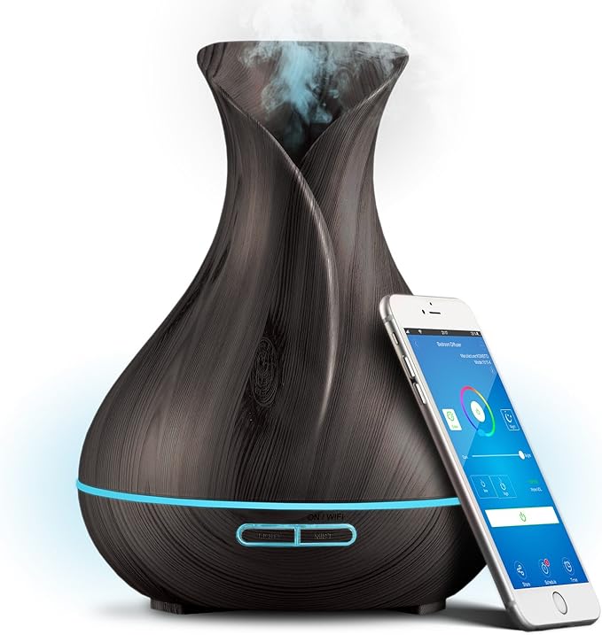 Sierra Modern Home Smart WiFi Wireless Essential Oil Aromatherapy 400ml Ultrasonic Diffuser & Humidifier with Alexa & Google Home Phone App & Voice Control - LED & Timer Settings Dark Brown