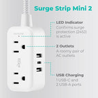 KMC 2-Outlet Mini Surge Protector Power Strip, 1 USB-C & 2 USB-A Ports, 245J Surge Protection, 5ft Braided Cord, 3-Prong Low-Profile Flat Plug, UL/ETL Certified, White