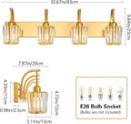 FDPBY Modern Bathroom Vanity Light, 4-Light Gold Wall Sconce with Crystal Accents, Over Mirror Bathroom Lighting Fixture, 32.67" Long Dimmable Vanity Lamp for Makeup, Easy Installation