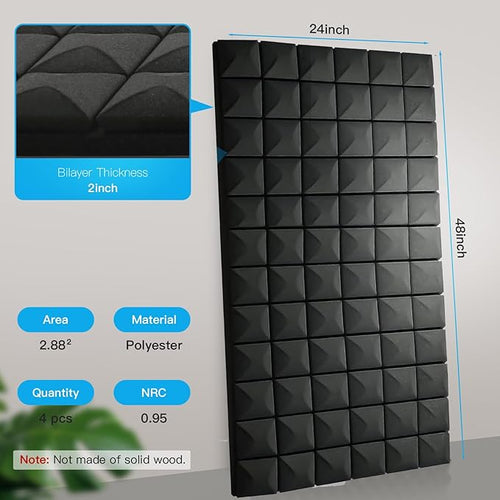 2 PCS Acoustic Panels,48''X24''X2'' Sound Proof Foam Panels for Walls,High Density Fire Resistant & Noise Absorbing for Studio, Office, Home (Black, 2 Pack)