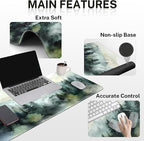 Britimes Green Ink Style Mountain Forest Keyboard Mouse Pad Set 4in1 Large Mousepad+Keyboard Wrist Rest+Mouse Wrist Rest+Coaster Set with Ergonomic Design for Home Office Computer 35.4x15.7 inches