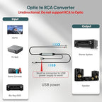 Adoreen Unidirectional SPDIF Toslink Optical Input to 2 RCA Output Adapter Cable 10 Ft, 192kHz DAC Digital to Analog Audio Converter for HDTV, DVD, Blu-Ray Players, Game Consoles-NOT RCA to Optical