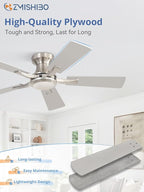 ZMISHIBO 42 Inch Ceiling Fan No Light, Flush Mount Low Profile, Modern Nickel Ceiling Fan Without Light, Remote Control & Quiet DC Motor, for Indoor&Outdoor, Bedroom, Living Room