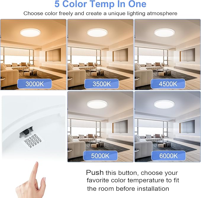 hunhun 16 Inch Dimmable LED Flush Mount Ceiling Light 4800LM Round Light Fixture 5 Color Temperature Selectable Super Slim Large Flat Ceiling Lamp for Living Dining Room White