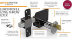GateMate Long Throw Gate Lock 1490096, Euro Profile Keyed Both Sides Gate Lock for Sheds, Gates & Garage Doors, 316 Stainless Steel, for Wooden Gates & Doors Up to 2 ¾” Thick (70mm), Black, 5 Keys