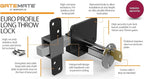 GateMate Long Throw Gate Lock, Euro Profile Keyed Both Sides Gate Lock for Sheds, Gates & Garage Doors, 316 Stainless Steel, for Wooden Gates & Doors Up to 2” Thick (50mm), Black, 5 Keys