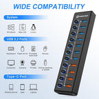 Powered USB Hub, MENKSID 11-Port USB Hub, 7 USB 3.2 Data Transfer Ports + 4 Smart Charging Ports, Independent Switch (with LED Power Indicator), USB 3.2 Hub Powered with Power Adapter for Mac, PC