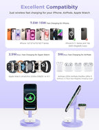Aeinidi 2026 3 in 1 Wireless Charging Station Compatible with MagSafe, 15W Fast Magnetic Mag-Safe Charger Stand for Apple iPhone 17 16 15 14 13 12 Series iWatch AirPods Pro 4 3 2, Purple