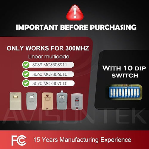 2 X Multi-Code 3089 3060 MultiCode 308911 Linear MCS308911, 10 Dip Switch Gate Opener Remote 300MHZ, Multi Code Garage Door Opener【10-Year-Warranty】