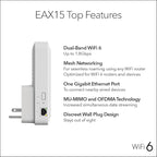 NETGEAR WiFi 6 Mesh Range Extender (EAX15) - Add up to 1,500 sq. ft., 20 Devices with AX1800 Dual-Band Wireless Signal Repeater (up to 1.8 Gbps Speed), WPA3 Security, One Network Name