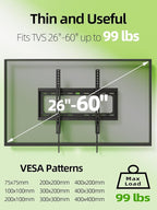 USX Mount UL Listed TV Mount Low Profile for Most 26-60" Flat Screen LED, LCD, Curved TVs, TV Wall Mount Bracket Tilt VESA 400x400mm- Up to 99lbs, Quick Lock and Release to Mounts on 12" 16" Stud