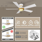 SMAAIR 52 Inch Smart Ceiling Fan with Light and Remote, Flush Mount Modern Ceiling Fan with lights,Compatible with Alexa/Google Assistant/Siri,Timer and Schedule,10 Speed DC Motor,White/Gold