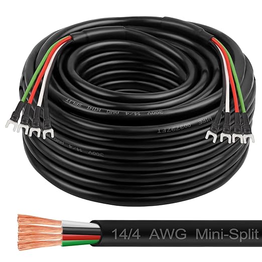 MOOKEERF 14/4 AWG Mini-Split Cable - 50FT 14 AWG 4 Conductor Control Cable 300V Stranded Oxygen-Free Pure Copper Wire for Mini Split Air Conditioner,Heat Pump,HVAC Systems and Speaker Systems